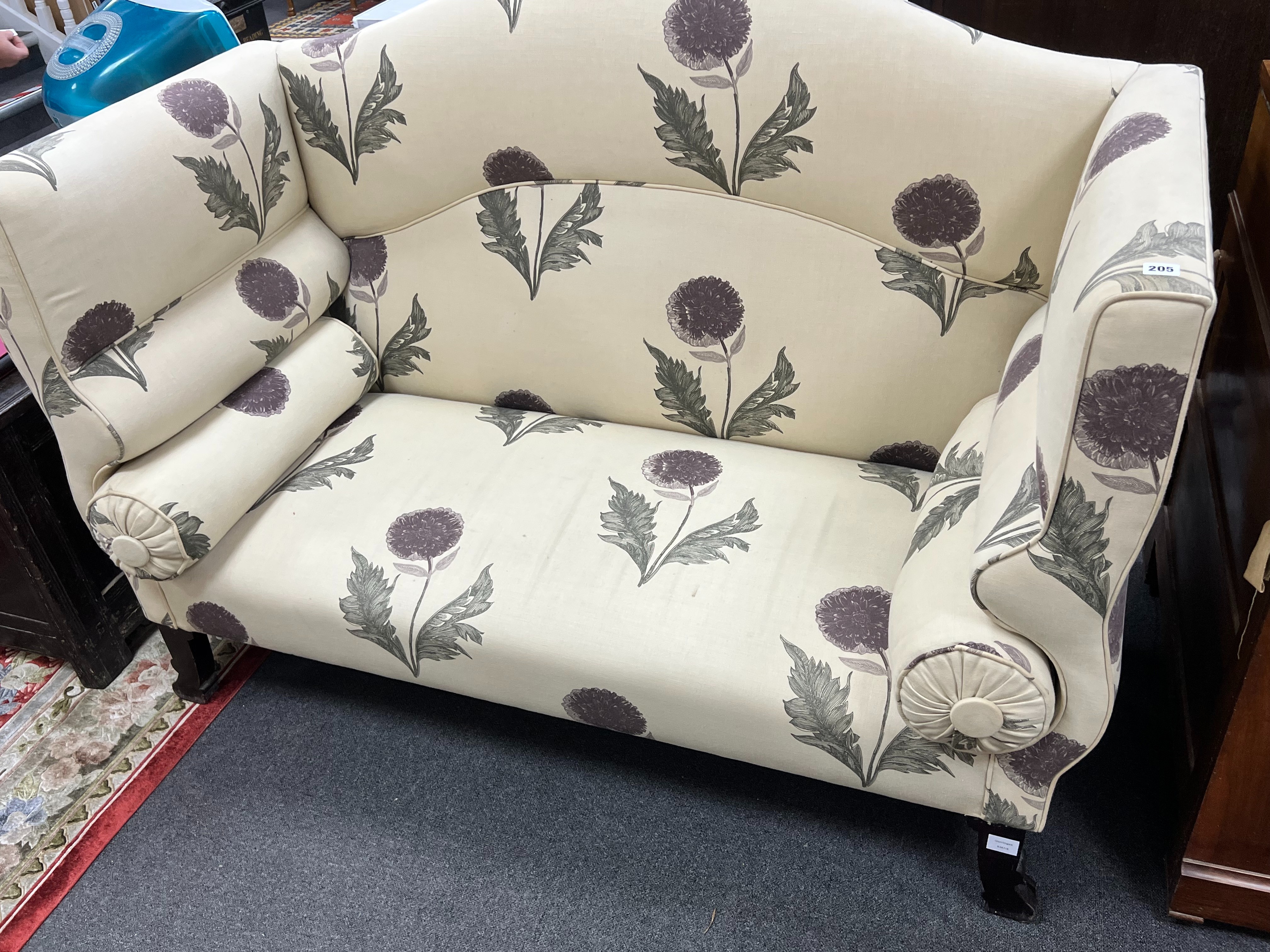 A George Smith high back settee upholstered in floral fabric, width 160cm depth 75cm height 116cm